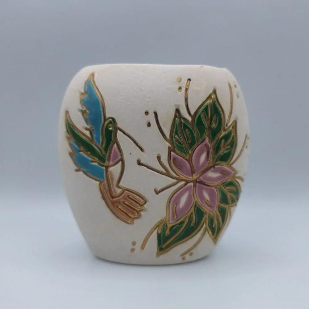 Hummingbird Pottery Vase Small Flower Gold Glaze Signed Art Hummer USA Nix Fly